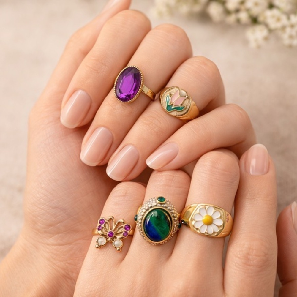 Gold Tone Ring Set • Butterfly • Floral • Gemstone • Stackable Statement Rings